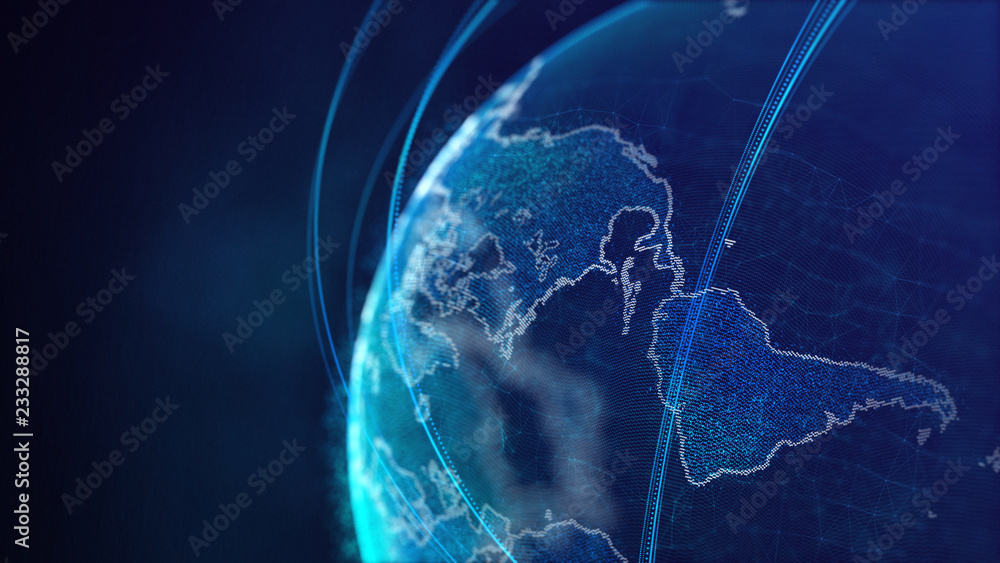 Poster Global network connection. World map point. Representing the global. Network connection. 3D rendering.