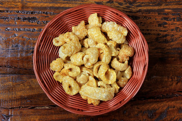 crackers, typical brazilian food made from the skin of the fried pork and toasted