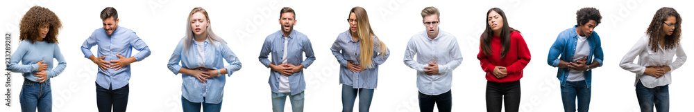 Canvas Prints Composition of african american, hispanic and caucasian group of people over isolated white background with hand on stomach because indigestion, painful illness feeling unwell. Ache concept.