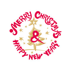 Merry Christmas & Happy New Year! Christmas tree and stars. Two color round stamp vector template for the New Year design. 