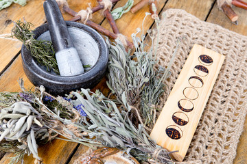 Herb Witch mortar and pestle with moon phases