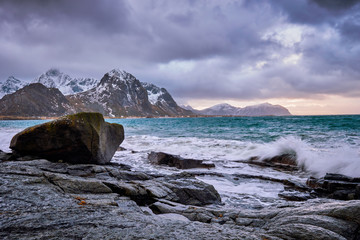 Rocky coast of fjord in Norway