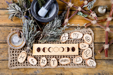 Moon Phases and astrological symbols with herb witch mortar and pestle