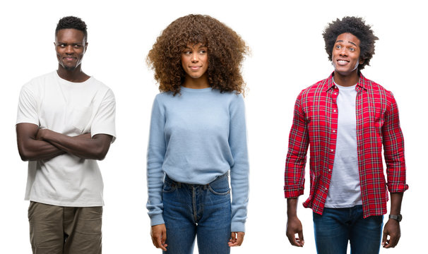 Collage of african american group of people over isolated background smiling looking side and staring away thinking.