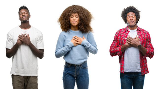 Collage of african american group of people over isolated background smiling with hands on chest with closed eyes and grateful gesture on face. Health concept.