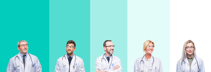 Collage of group of doctor people wearing stethoscope over colorful isolated background smiling looking side and staring away thinking.