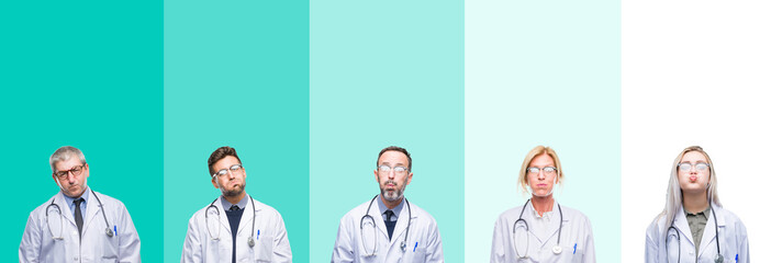 Fototapeta premium Collage of group of doctor people wearing stethoscope over colorful isolated background puffing cheeks with funny face. Mouth inflated with air, crazy expression.