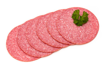 Salami slices isolated on the white background.