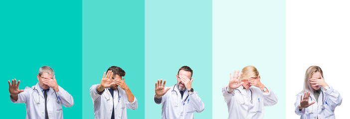 Collage of group of doctor people wearing stethoscope over colorful isolated background covering eyes with hands and doing stop gesture with sad and fear expression. Embarrassed and negative concept.