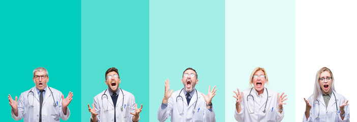 Collage of group of doctor people wearing stethoscope over colorful isolated background crazy and mad shouting and yelling with aggressive expression and arms raised. Frustration concept.