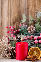 Christmas greeting card. Festive decoration on wooden background. New Year concept. Copy space.  Flat lay. Top view.