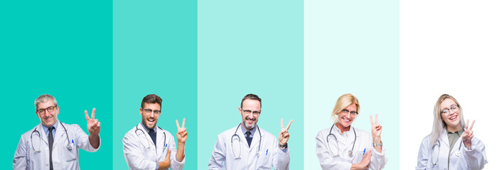 Collage of group of doctor people wearing stethoscope over colorful isolated background smiling with happy face winking at the camera doing victory sign. Number two.