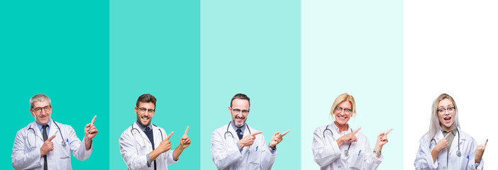 Collage of group of doctor people wearing stethoscope over colorful isolated background smiling and looking at the camera pointing with two hands and fingers to the side.