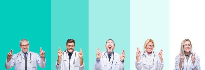 Collage of group of doctor people wearing stethoscope over colorful isolated background smiling crossing fingers with hope and eyes closed. Luck and superstitious concept.
