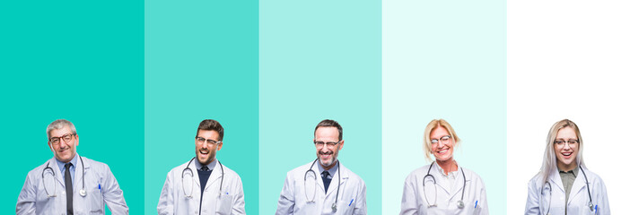 Collage of group of doctor people wearing stethoscope over colorful isolated background winking looking at the camera with sexy expression, cheerful and happy face.
