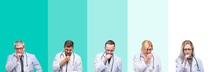 Collage of group of doctor people wearing stethoscope over colorful isolated background feeling unwell and coughing as symptom for cold or bronchitis. Healthcare concept.
