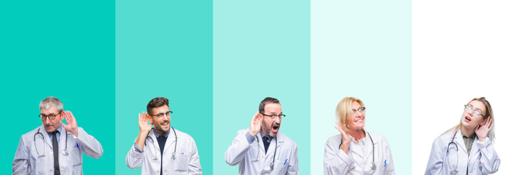 Collage Of Group Of Doctor People Wearing Stethoscope Over Colorful Isolated Background Smiling With Hand Over Ear Listening An Hearing To Rumor Or Gossip. Deafness Concept.