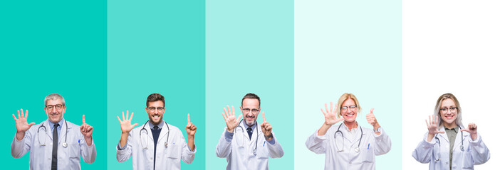 Collage of group of doctor people wearing stethoscope over colorful isolated background showing and pointing up with fingers number six while smiling confident and happy.