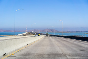 Travelling on Dumbarton bridge which connects Menlo Park to Newark, San Francisco bay area, Silicon Valley, California