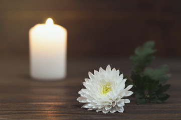 Condolence card with white chrysanthemum flower and candle
