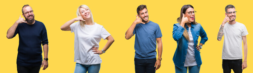 Collage of group people, women and men over colorful yellow isolated background smiling doing phone...