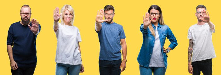 Collage of group people, women and men over colorful yellow isolated background doing stop sing with palm of the hand. Warning expression with negative and serious gesture on the face.