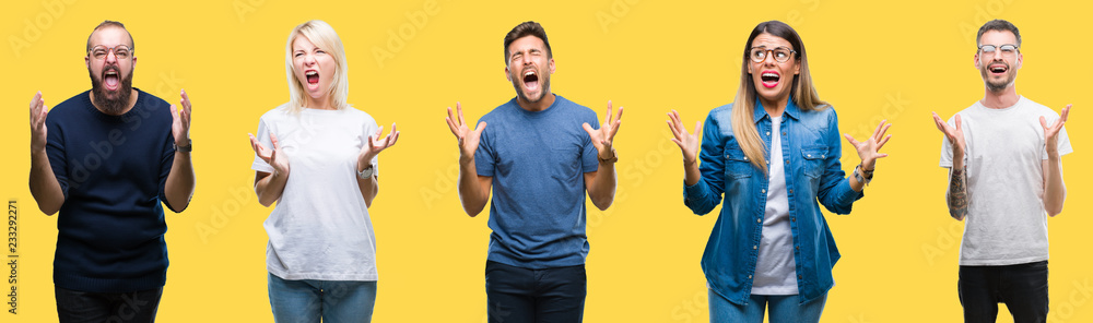 Sticker Collage of group people, women and men over colorful yellow isolated background crazy and mad shouting and yelling with aggressive expression and arms raised. Frustration concept.