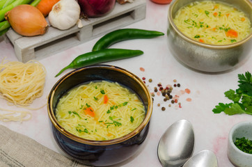 Delicious chicken soup. Chicken soup with noodles 