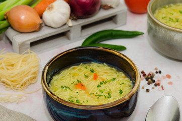Delicious chicken soup. Chicken soup with noodles 
