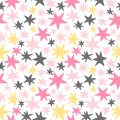 Cute vector seamless pattern with yellow, gray and pink stars on white background for baby and kid designs