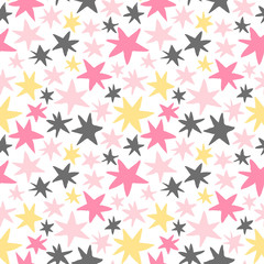 Cute vector seamless pattern with yellow, gray and pink stars on white background for baby and kid designs