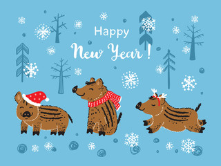 Happy New Year Greeting Card with Cute Boars. Doodle Cute Wild Pigs, Snow, Snowflakes and Trees. Cartoon Chinese Zodiac Animal. Symbol of Lunar Chinese New Year 2019. Vector Illustration