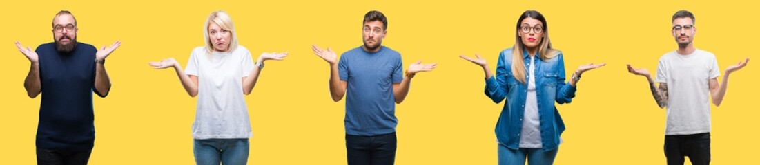 Collage of group people, women and men over colorful yellow isolated background clueless and...
