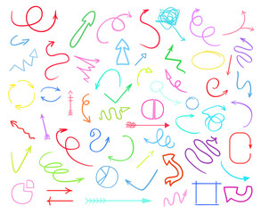 Infographic elements isolated on white. Set of different indicator signs. Tangled hand drawn simple objects. Line art. Abstract circles, arrows and rectangles. Symbols for work