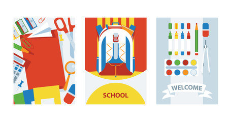 Back to school cards background with school supplies set, vector illustration. Backpack with items for studying. Art classes.Banner flyer invitation, brochure, poster.