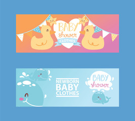 Baby shower girl and boy clothes, vector illustration. Clothing fornewborn children. Cute cartoon ducks, stars and whales for banner, flyer, invitation, brochure, poster.