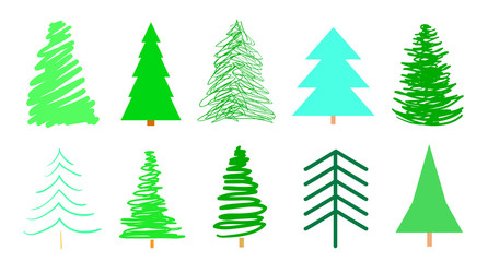 Obraz premium Colorful christmas trees on white. Set for icons on isolated background. Geometric art. Objects for polygraphy, posters, t-shirts and textiles