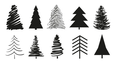 Obraz premium Christmas trees on white. Set for icons on isolated background. Geometric art. Objects for polygraphy, posters, t-shirts and textiles. Black and white illustration