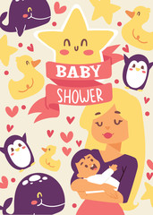 Obraz na płótnie Canvas Baby shower vector illustration. Mother holding her little baby. Smiling mom with cheerful kid. Cute duck, star, whale,penguin. Banner, poster, invitations greeting card.