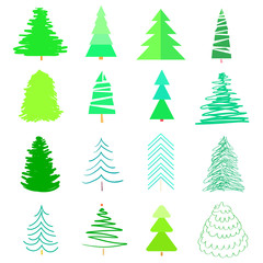 Colored christmas trees on white. Set for design on isolated background. Geometric art. Universal colored collection