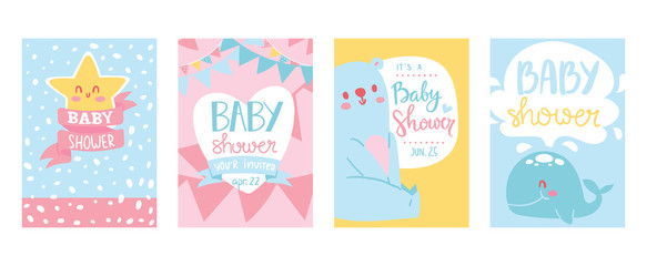 Fototapeta na wymiar Baby shower cards vector illustration set. Cute invitation cards for newborn boy and girl party. Invitation greeting for babies. Becoming parents. Cartoon whale, star, bear.