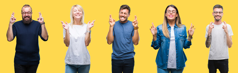Collage of group people, women and men over colorful yellow isolated background smiling crossing...