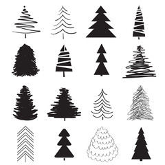 Christmas trees on white. Set for icons on isolated background. Geometric art. Objects for polygraphy, posters, t-shirts and textiles. Black and white illustration