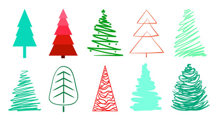 Fototapeta premium Christmas trees on white. Set for icons on isolated background. Geometric art. Universal coloful collection for trendy design. Abstract objects for flyers, posters, t-shirts and textiles