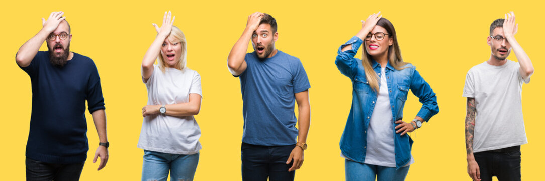 Collage of group people, women and men over colorful yellow isolated background surprised with hand on head for mistake, remember error. Forgot, bad memory concept.