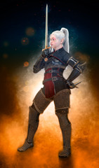 Obraz premium Woman elf warrior with sword on fantasy abstract background 3D illustration