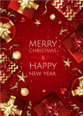Fototapeta na wymiar Banner with vector christmas tree branches, gold stars, christmas balls and space for text.