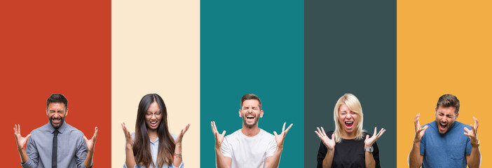 Obraz premium Collage of different ethnics young people over colorful stripes isolated background celebrating mad and crazy for success with arms raised and closed eyes screaming excited. Winner concept