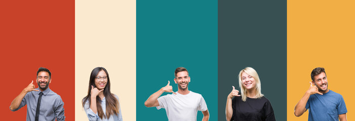 Obraz premium Collage of different ethnics young people over colorful stripes isolated background smiling doing phone gesture with hand and fingers like talking on the telephone. Communicating concepts.