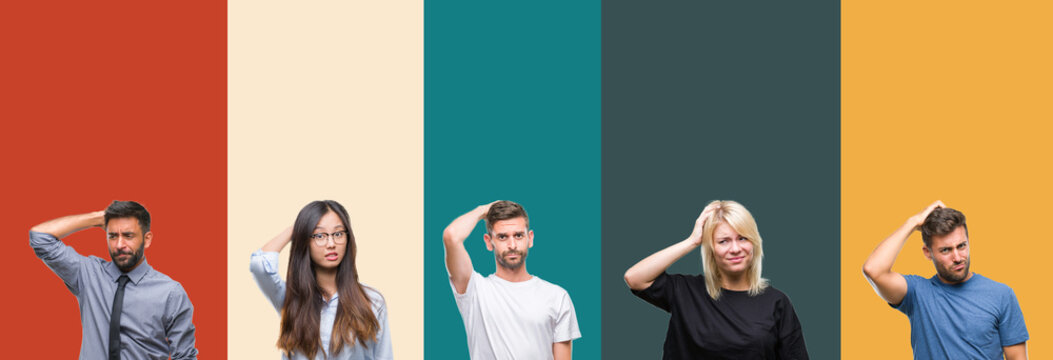 Collage Of Different Ethnics Young People Over Colorful Stripes Isolated Background Confuse And Wonder About Question. Uncertain With Doubt, Thinking With Hand On Head. Pensive Concept.